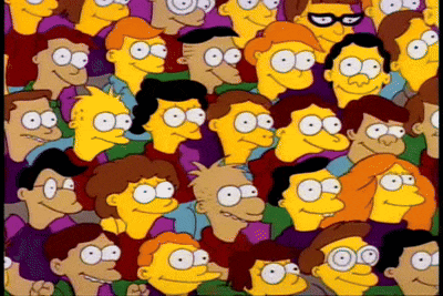 a crowd of cartoon characters including bart simpson and homer simpson are gathered together