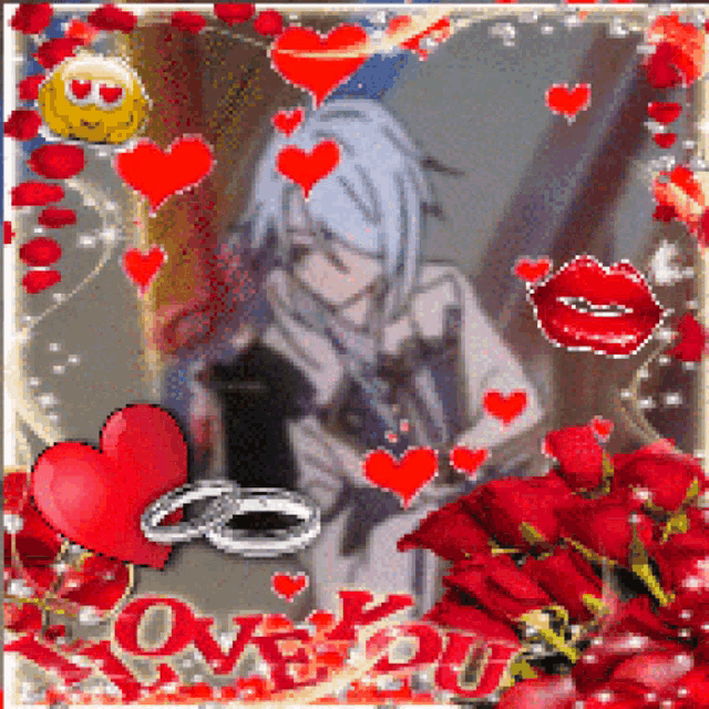 a picture of a girl surrounded by red hearts and the word love