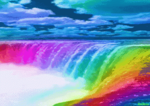 a painting of a waterfall with a rainbow in the background