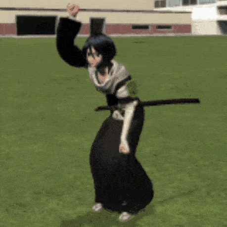 a female anime character is holding a sword in a field