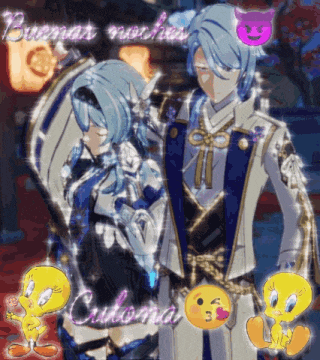 a couple of anime characters standing next to each other with the words buenas noches culoma behind them