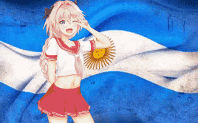 a girl in a red skirt is standing in front of a blue and white flag