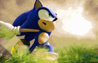 a cartoon character named sonic the hedgehog is running through the grass .