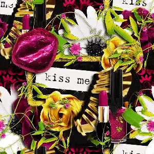 a seamless pattern with flowers and lipsticks that says kiss me on it