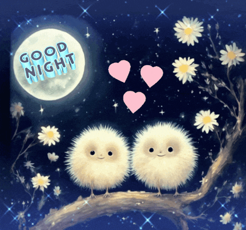 two fluffy birds are sitting on a branch with hearts and the words good night written above them