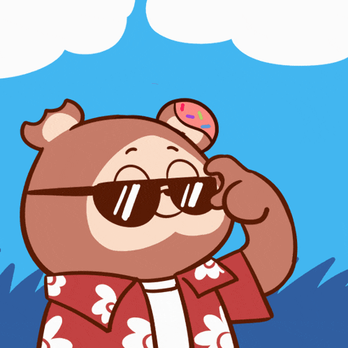 a cartoon bear wearing sunglasses and a shirt with flowers