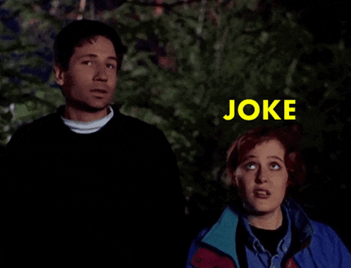 a man and a woman are standing next to each other and the word joke is displayed above them