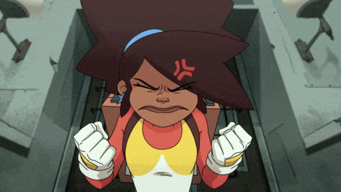 a cartoon character is making an angry face with her fist up