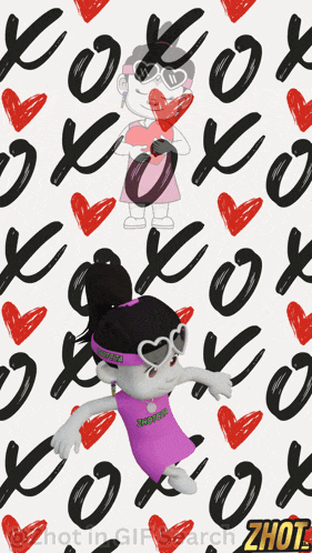 a girl in a purple dress is holding a heart in front of a pattern of hearts and the word zhou on the bottom