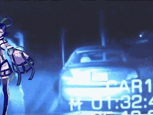 a drawing of a woman standing in front of a car that says car1 on it