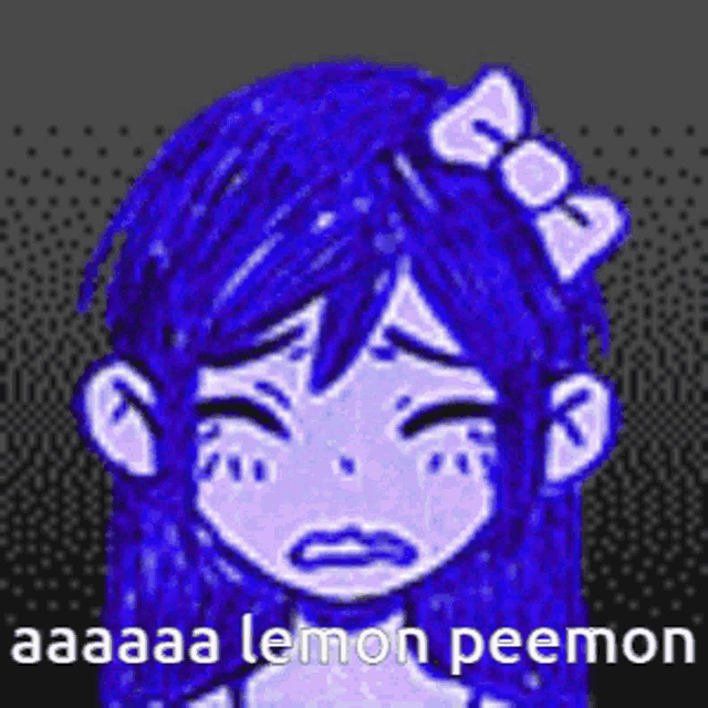 a drawing of a girl with blue hair and a bow in her hair .