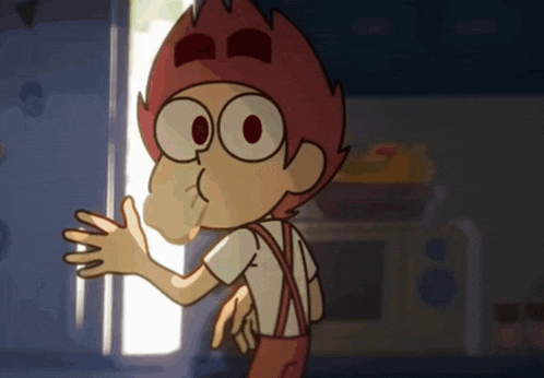 a cartoon character with red hair is standing in front of a refrigerator door