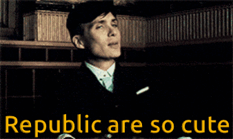 a man in a suit and tie with the words republic are so cute below him