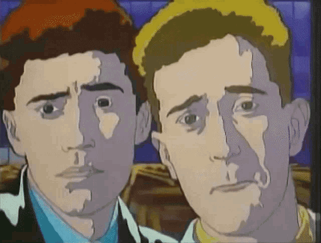 a cartoon of two men looking at each other with their eyes closed