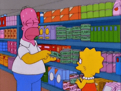 a cartoon of homer simpson and lisa simpson in a grocery store .