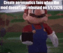 a video of mario holding a book with the caption create aeronautics fans when the mod does n't get released
