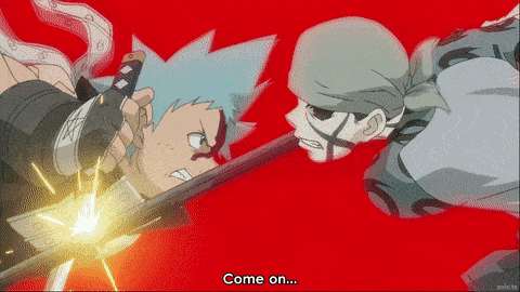 two anime characters are fighting and the words come on are on the bottom