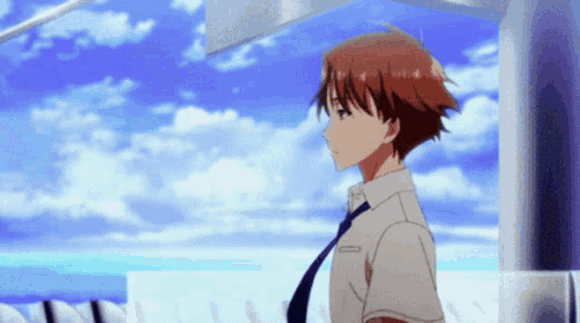 a boy in a white shirt and tie is standing in front of a blue sky