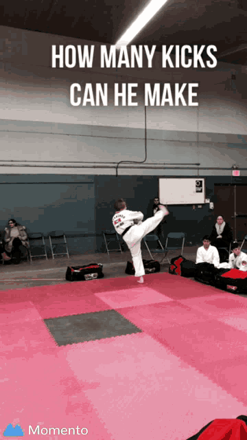 a person kicking on a mat with the words " how many kicks can he make "
