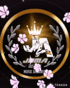 a logo for jama music alliance with a crown and pink flowers