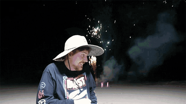 a man wearing a cowboy hat and a shirt that says beast