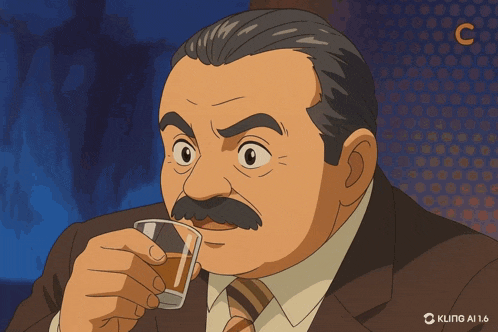 a cartoon of a man with a mustache drinking from a glass with the letter c above him