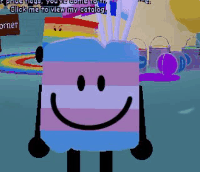 a cartoon character with a transgender flag on his head is standing in a room with balloons .