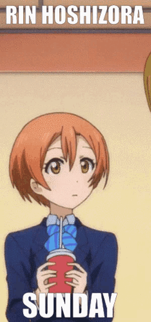 a cartoon of a girl holding a cup with a straw and the words rin hoshizora sunday below her