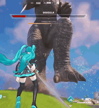 hatsune miku is standing next to a giant monster in a video game .