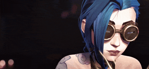 a cartoon character with blue hair and goggles