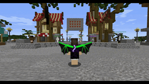a screenshot of a minecraft game with a person wearing a green wing