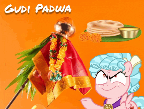 a poster for gudi padwa with a pony and food