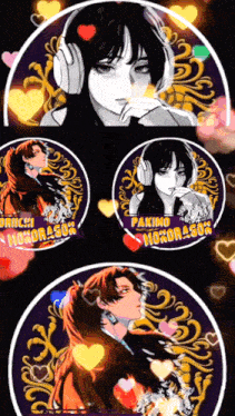 a girl with headphones is surrounded by hearts and the words pakimo honorasol