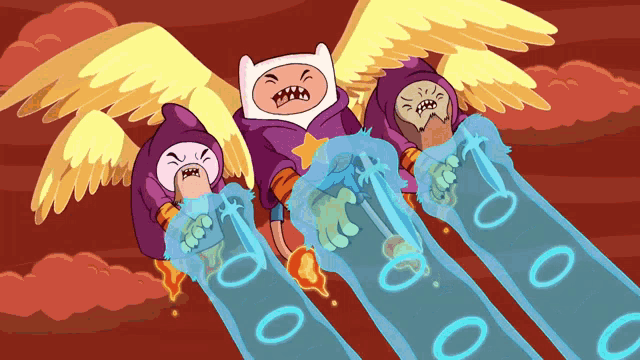 three cartoon characters are flying through the air with numbers coming out of their arms