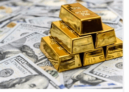 a pile of 100 dollar bills and gold bars