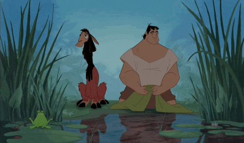 a frog sits on a lily pad next to a man and a donkey