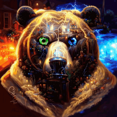 a painting of a bear with lightning coming out of it