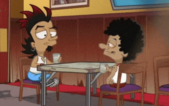 two cartoon characters are sitting at a table in a bar