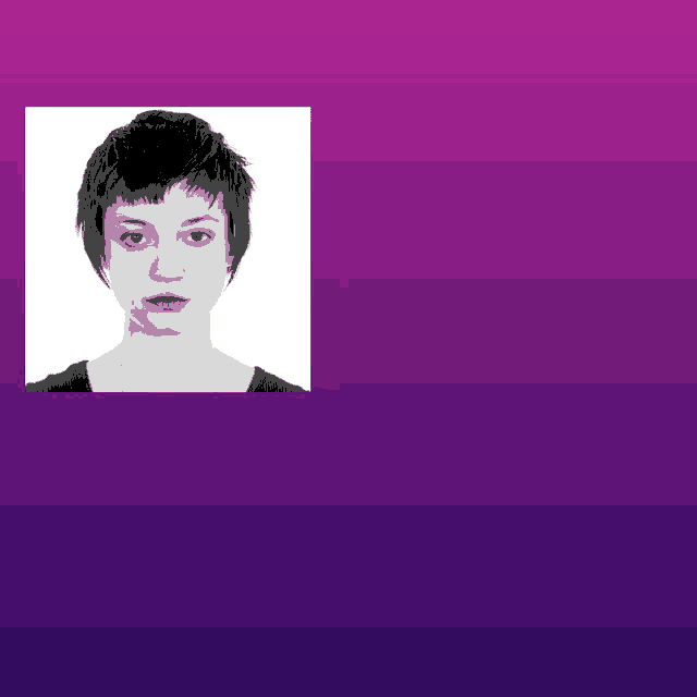 a woman 's face is shown in a black and white photo with a purple background