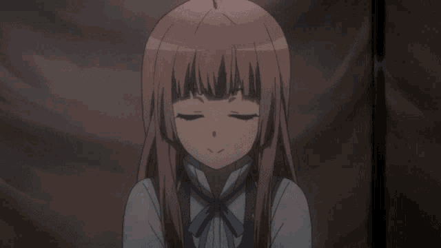 a girl with long brown hair is holding a piece of plastic in front of her mouth