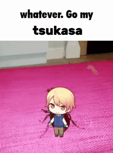 a picture of a boy standing on a pink rug with the caption whatever go my tsukasa