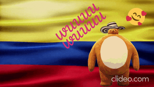a teddy bear wearing a sombrero stands in front of a colombia flag