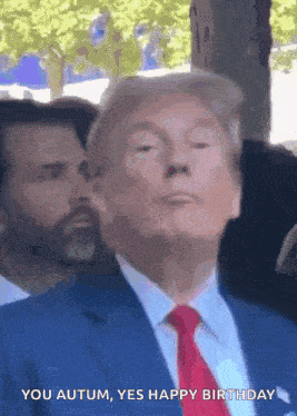 a close up of donald trump 's face with the words you autum yes happy birthday