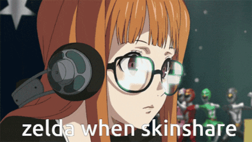 a picture of a girl with glasses and headphones with the caption zelda when skinshare