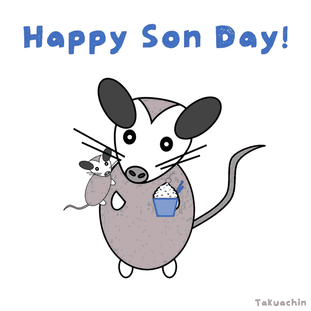 a cartoon drawing of an opossum holding a cat and a cup of ice cream with the words happy son day below it