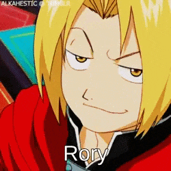 edward elric from full metal alchemist is making a funny face with the name rory written on the bottom