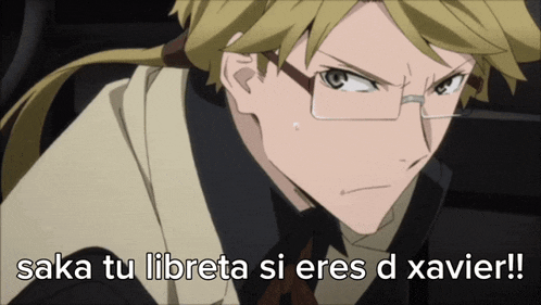 a man with glasses and the words saka tu libreta si eres d xavier above him