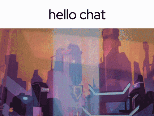 a cartoon drawing of a city with the words hello chat above it