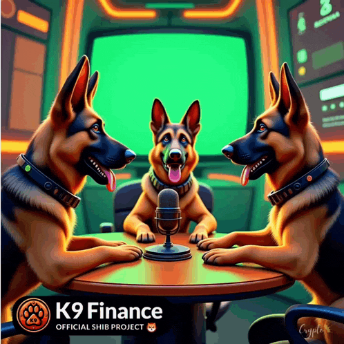 three german shepherds sit at a table with a microphone in front of them and the words k9 finance on the bottom