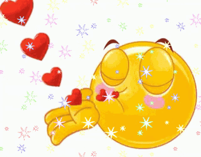 a yellow smiley face is blowing a kiss with red hearts coming out of it 's mouth